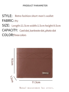 Detailed size measurement of a vintage brown PU leather wallet for men with dimensions