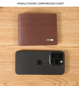 Brown leather bifold wallet with wave stitching and logo next to a phone for scale