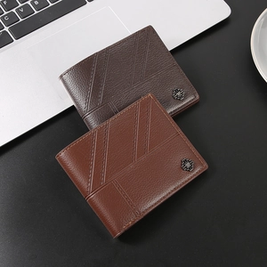 Men's bifold wallets in coffee and red-brown leather with stylish cross metal logo
