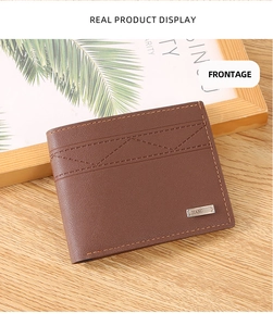Detailed front view of brown leather bifold men's wallet with diamond quilted pattern