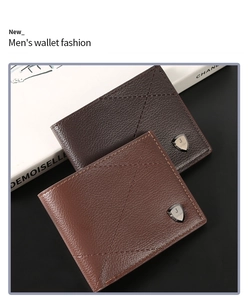 Detailed view of men's bifold wallets with lychee grain leather and cross-stitching detail