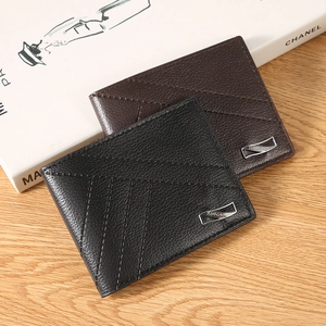 Men's bifold wallet with litchi texture and decorative stitching in black and brown