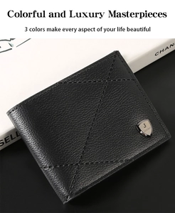 Close-up of black lychee grain leather wallet with X-stitch design and shield metal logo