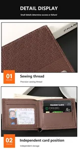 Détail du portefeuille homme marron foncé avec texture tissée, fentes pour cartes et fenêtre ID