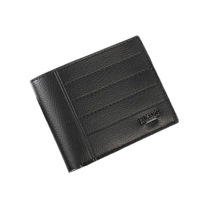 Men's minimalist black pebble leather bifold wallet with silver metal logo and stitching