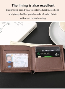 Detailed view of brown bifold wallet showing nylon lining and durable stitching quality