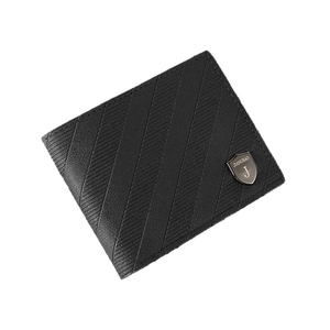 Short horizontal black leather men wallet with diagonal embossed texture and metal logo
