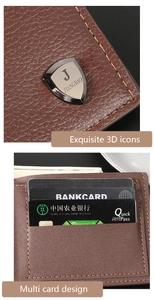 Detailed view of brown lychee leather wallet with silver logo and multi-card slot design