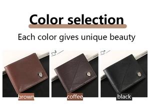 Short bi-fold men's leather wallets in brown, coffee and black with metal J-logo
