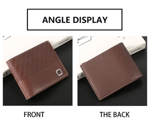 Détails du cuir grainé et du motif tissé sur le portefeuille marron pour hommes