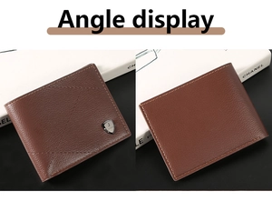Detailed views of a brown bifold leather wallet featuring diagonal stitching and metal logo