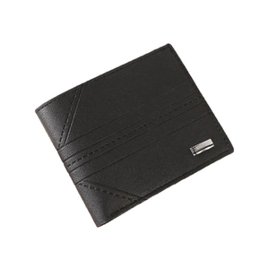 Slim dark brown men's bifold wallet with diagonal stitching and BAO metal logo plate