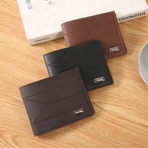 Men's bifold short wallets in dark brown, black and light brown with metal logo