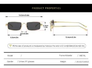 Detailed size guide for unisex rectangular metal frame retro sunglasses with dimensions