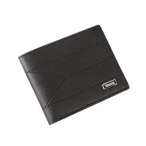 Men's short horizontal bi-fold wallet in dark coffee brown with decorative stitching