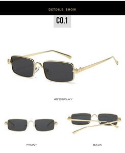 Detail view of gold metal square sunglasses with vintage hinge relief and dark lenses