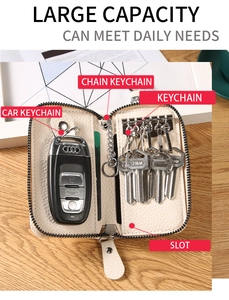 Astuccio per chiavi in pelle PU con motivo litchi, 6 ganci e slot per schede in bianco