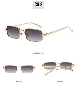 Detailed views of vintage gold metal square sunglasses with grey gradient lenses