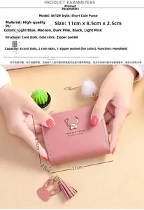 Pink PU leather short wallet with metal bear buckle showing 4 card slots and zipper pocket