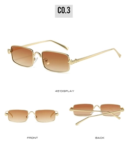 Three views of retro square sunglasses with gold metal frames and brown gradient lenses