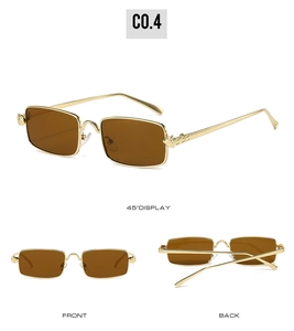 Three-angle view of gold metal frame rectangular sunglasses with amber lenses