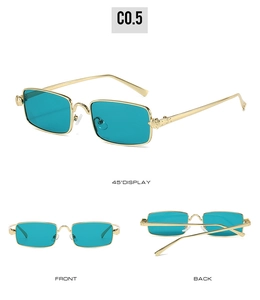 Macro view of retro rectangle sunglasses with golden metal frame and cyan blue lenses