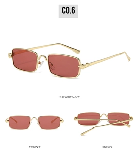 Three-angle view of vintage square metal sunglasses with red lenses and gold frames