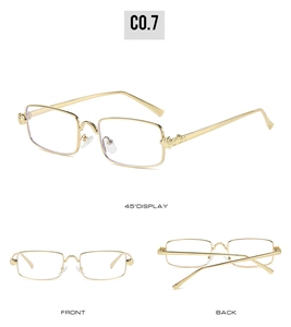 Detailed views of gold metal rectangular glasses frame showing nose pads and temple tips