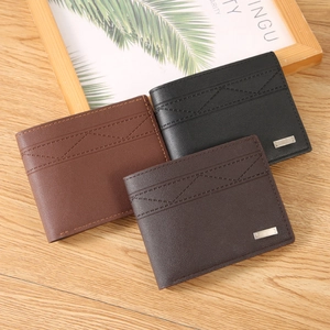 Men's bifold short wallets in black and brown colors with decorative Z-pattern stitching