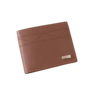 Classic dark brown bi-fold men's wallet with decorative stitching and metal logo detail
