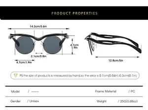 Detailed size chart for retro round sunglasses with unique semi-rimless wave frame design