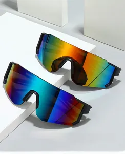 Close-up of Y2K sports sunglasses with colorful iridescent wrap-around lenses and black frames
