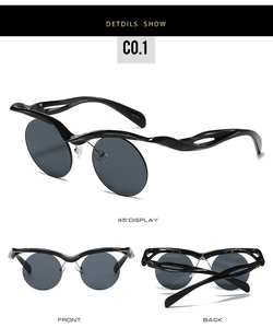 Detail view of avant-garde irregular wave frame sunglasses with round lenses from various angles