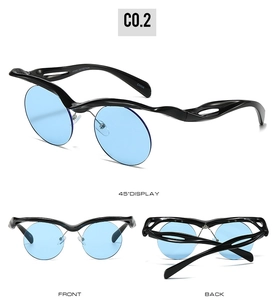 Detail of wave-shaped semi-rimless sunglasses with blue lenses and UV400 protection