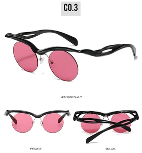 Three-way view of wavy semi-rimless sunglasses with black frame and pink lenses