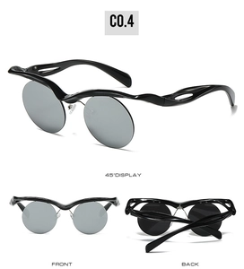 Detail view showing front, back, and 45-degree angle of round gothic half-frame sunglasses