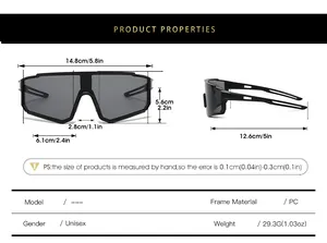 Detailed size chart for Y2K sports sunglasses featuring frame and lens dimensions