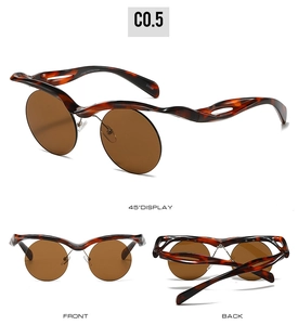 Three-angle display of wavy semi-rimless tortoiseshell sunglasses with brown lenses