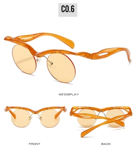 Detailed multi-angle views of amber orange wave-edged semi-rimless sunglasses C0.6