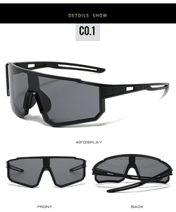 Three-angle view of black wrap-around sports sunglasses with grey lenses and Y2K semi-rimless frame
