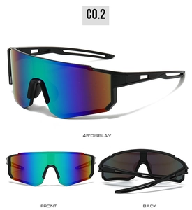 Three perspectives of Y2K cycling glasses with iridescent lenses and matte black frame
