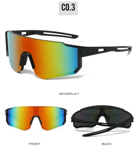 Three-angle view of Y2K sports sunglasses with rainbow reflective wrap lenses