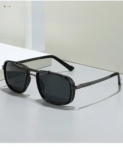 Detailed view of square metal double-bridge aviator sunglasses with textured temples