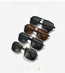 Macro view of four square retro sunglasses with double-bridge metal frames and UV lenses