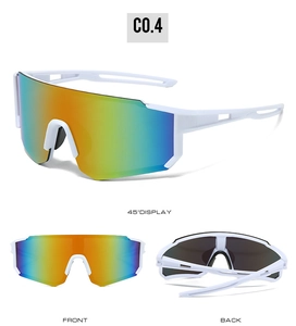 White sports sunglasses with colorful iridescent lenses shown from front and side views