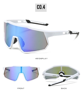 Vue en trois angles des lunettes de cyclisme blanches avec verres dégradés bleu-violet