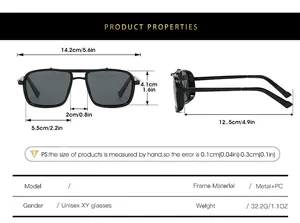 Detailed size chart for square double bridge retro punk sunglasses with full dimensions