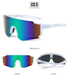 Multi-angle views of white Y2K sports sunglasses with colorful gradient lenses