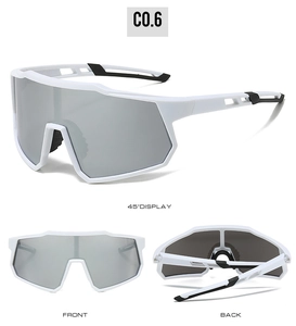 Vue en trois angles des lunettes de cyclisme blanches avec verres réfléchissants