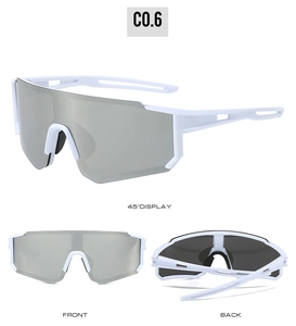 Three-view display of white Y2K sports sunglasses with silver mirrored lenses and hollow arms